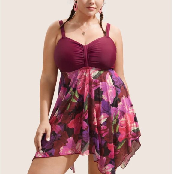 BloomChic Plus Size Floral Patchwork Tummy Control Ruched Swim Dress 4XL us 26 - Picture 1 of 5